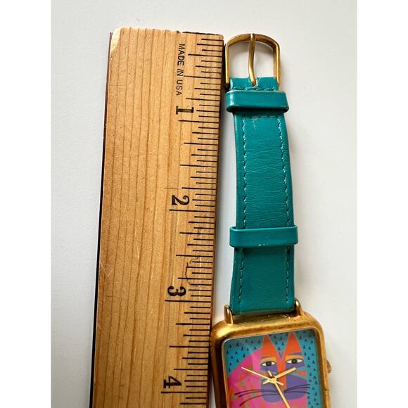 Rare Vintage Laurel Burch Wild Cat Watch Teal Strap Brushed Gold Case - Picture 5 of 8
